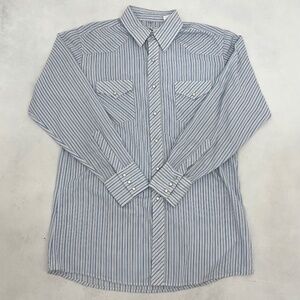 Corral West Ranchwear Mens Size L Button Up Shirt White Blue Striped Pearl Snap
